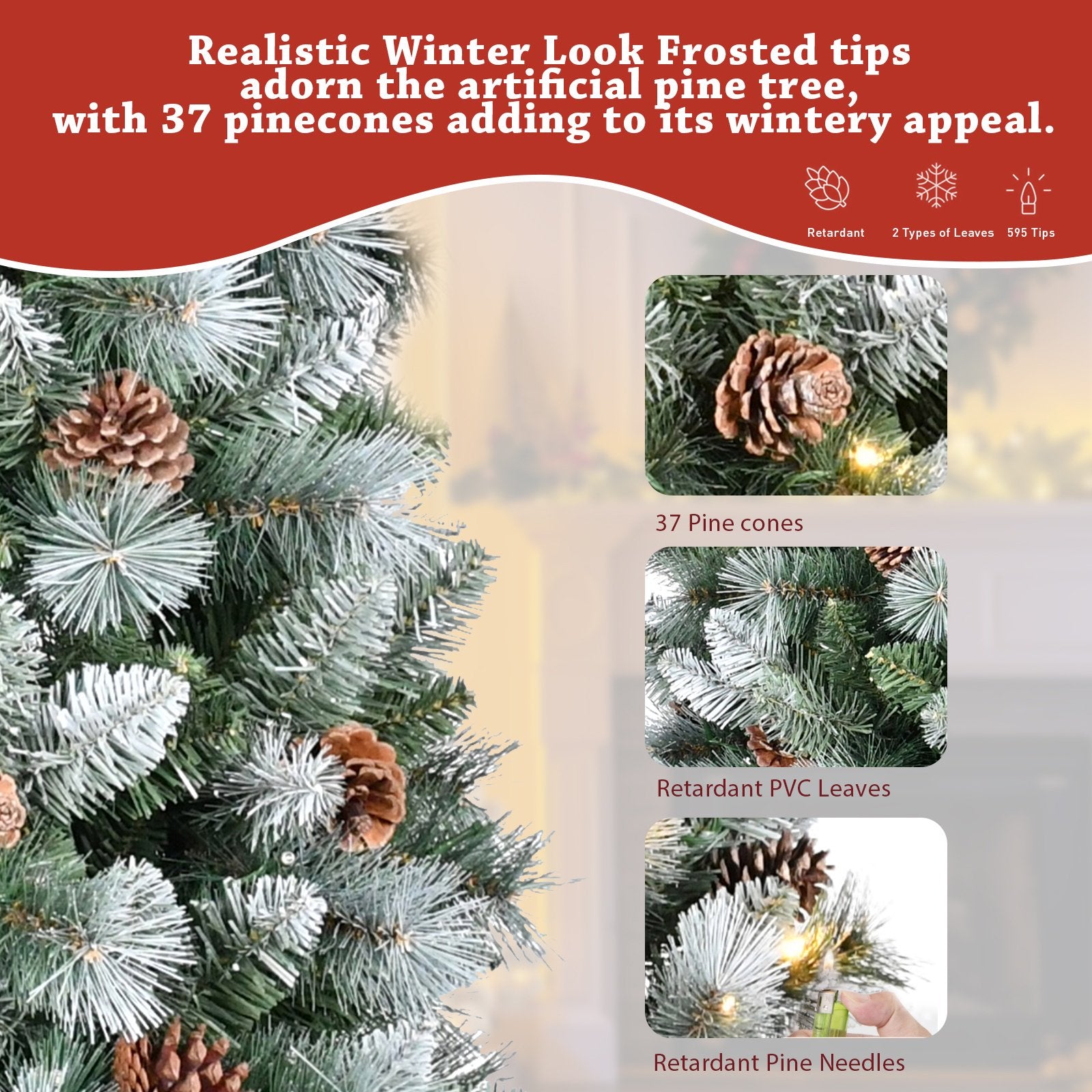 Pre-lit Christmas Tree with 250 Warm LED Lights, iCapeson 6ft Pencil Artificial with Partially Flocked & Frosted Slim Holiday Tree Decoration, 37 Pine Cones, 595 Branch Tips, Metal Stand