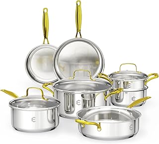 Stainless Steel Cookware Set, Tri-Ply Pots and Pans Set, 26 Piece Kitchen Cooking Utensils Set with Lids, Gold Grip Handles, Induction, Oven, Non-Toxic, Dishwasher Safe, Professional Chef Quality