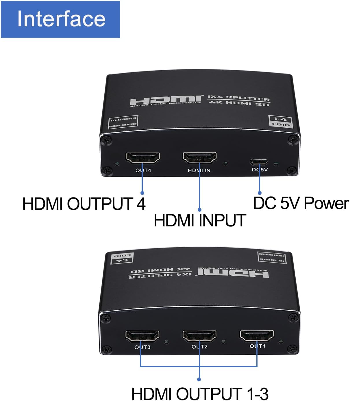 HDMI Splitter 1 in 4 Out, 1x4 HDMI Splitter Audio Video Distributor Box Support 3D & 4K x 2K Compatible for HDTV, STB, DVD, PS3, Projector -EX47-A-0-BK
