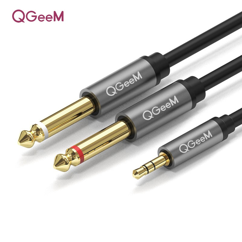 QGeeM 3.5mm to Dual 6.35mm Y Splitter Cable , 1/8 TRS to 1/4 TS Cable for Laptop Mixer Speaker Connection Gray --AU01-A