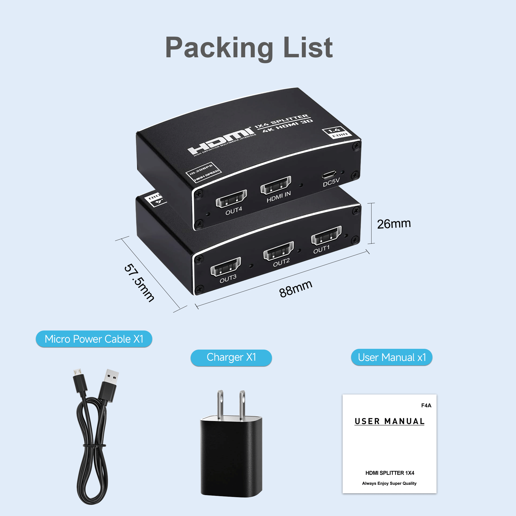 HDMI Splitter 1 in 4 Out, 1x4 HDMI Splitter Audio Video Distributor Box Support 3D & 4K x 2K Compatible for HDTV, STB, DVD, PS3, Projector -EX47-A-0-BK