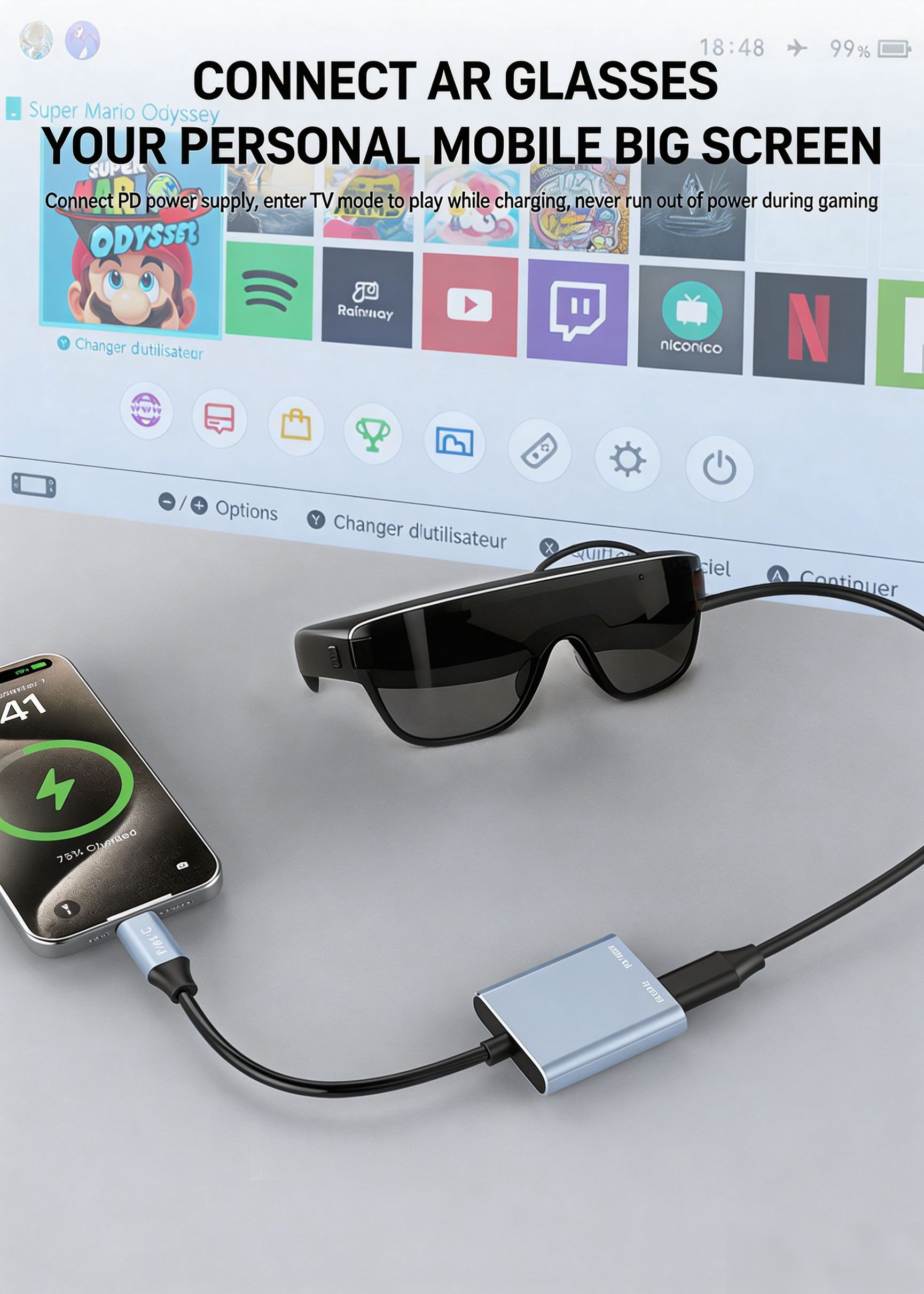 Type-C to AR Glasses and Charging Adapter, Charge and Play, 8K@60Hz 100W PD Fast Charging Compatible with Steam Deck/Switch/ROG Ally/iPhone 17/16/15/Viture/Rokid/Xreal AR Glasses-UH02-27-A