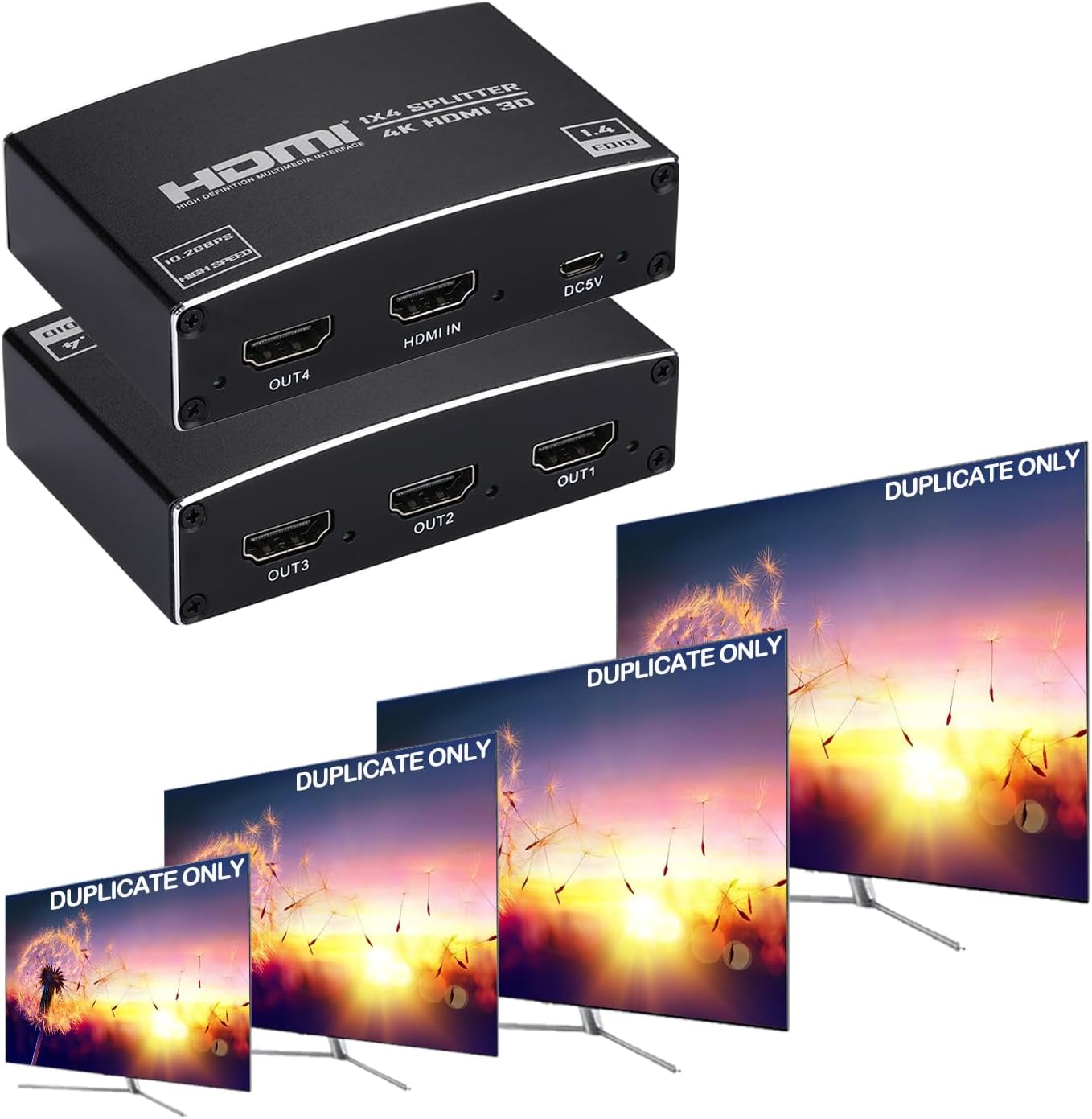 HDMI Splitter 1 in 4 Out, 1x4 HDMI Splitter Audio Video Distributor Box Support 3D & 4K x 2K Compatible for HDTV, STB, DVD, PS3, Projector -EX47-A-0-BK