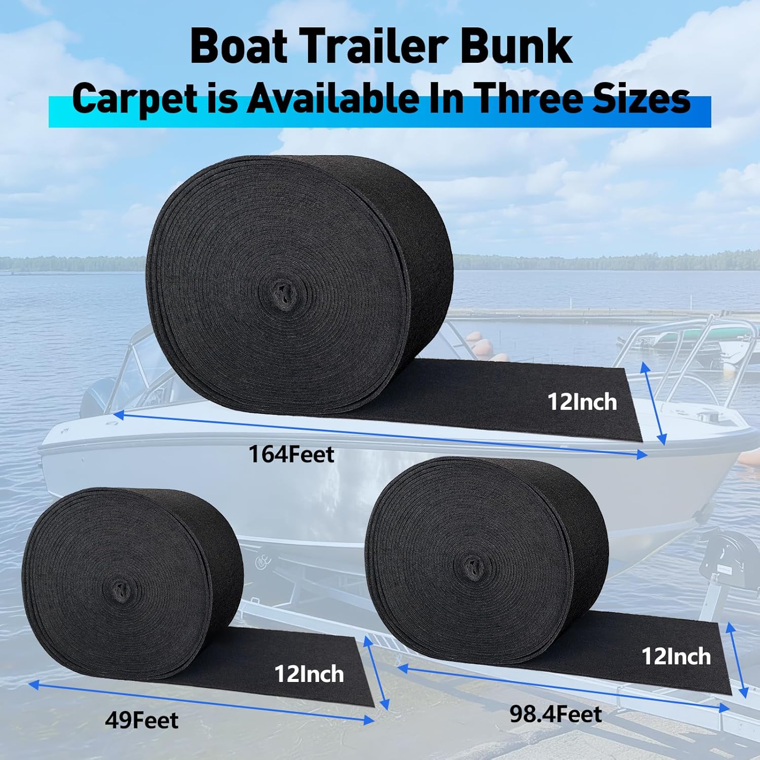 Boat Trailer Bunk Carpet, 8mm Waterproof Trailer Boat Bunk Carpet Replacement for Bunk Boards, Boat Lift & Runners, Durable Black Marine Carpet Roll,12" x164ft DIY Easy Installation