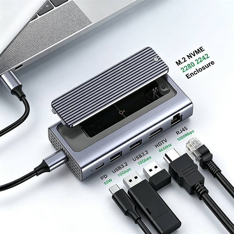 5-In-1 USB-C Hub Docking Station with USB3.2*2(10Gbps) / PD100W / 4K@60HZ /1000M RJ45 Ethernet / M.2 NVMe&SATA SSD Case Multi-ports Splitter Adapter for Tablet Laptop Phone-UH05-0003