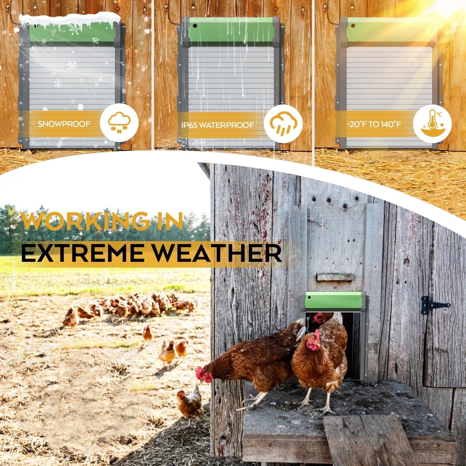 Automatic Chicken Coop Door Solar Powered, 4 Modes Battery Powered Auto Chicken Door with Timer & Light Sensor, Remote Control, Aluminum Roller Shutter Door Look, Anti-Pinch Design