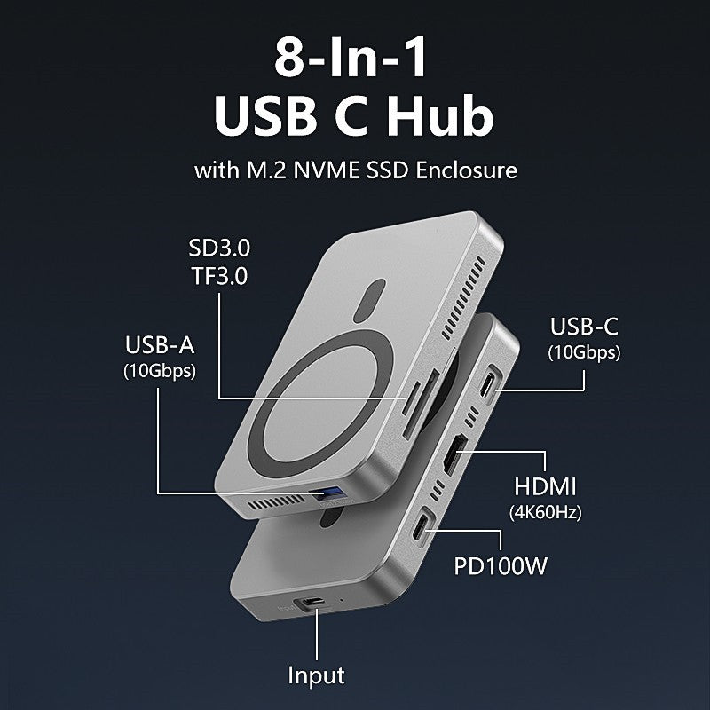 8-in-1 Magnetic USB C Hub with 100W PD Charging & M.2 NVME SSD Enclosure - Aluminum Alloy Docking Station, 10Gbps USB 3.2 Gen2, 4K@60Hz HDMI, Dual SD/TF Card Reader-UH08-24