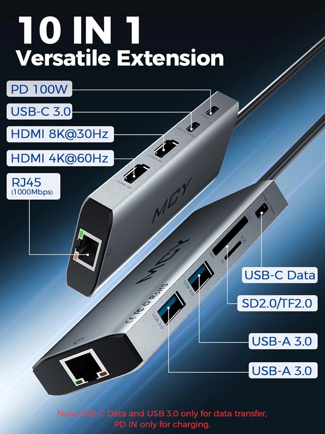 MCY Laptop Docking Station Single 8K@30Hz,Dual Monitor 4K@60Hz,10 in 1 USB C Hub Ethernet,Multiple USB-C to HDMI Adapter PD100W,RJ451000M,USB Data Port,SD/TF2.0,Type C Dongle Dock for MacBook/Dell/HP/Surface