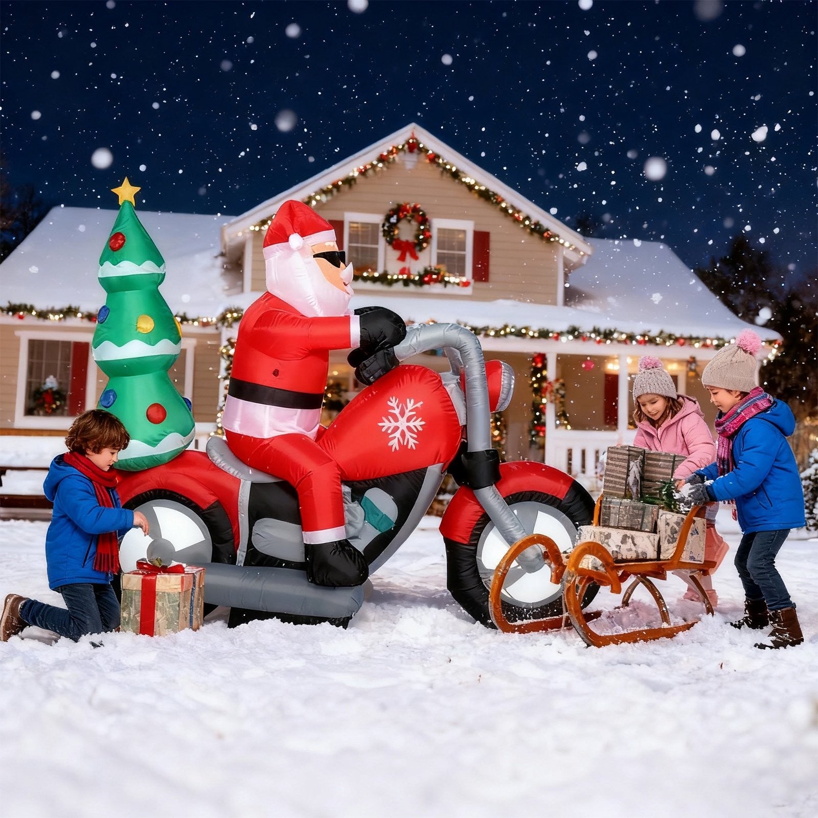 7.55 FT Long Christmas Inflatables Santa Claus Riding a Motorcycle with Tree, Outdoor Blow Up Santa Christmas Inflatables with 7 Bright White LED Lights, Indoor Outdoor Yard Lawn Party Décor