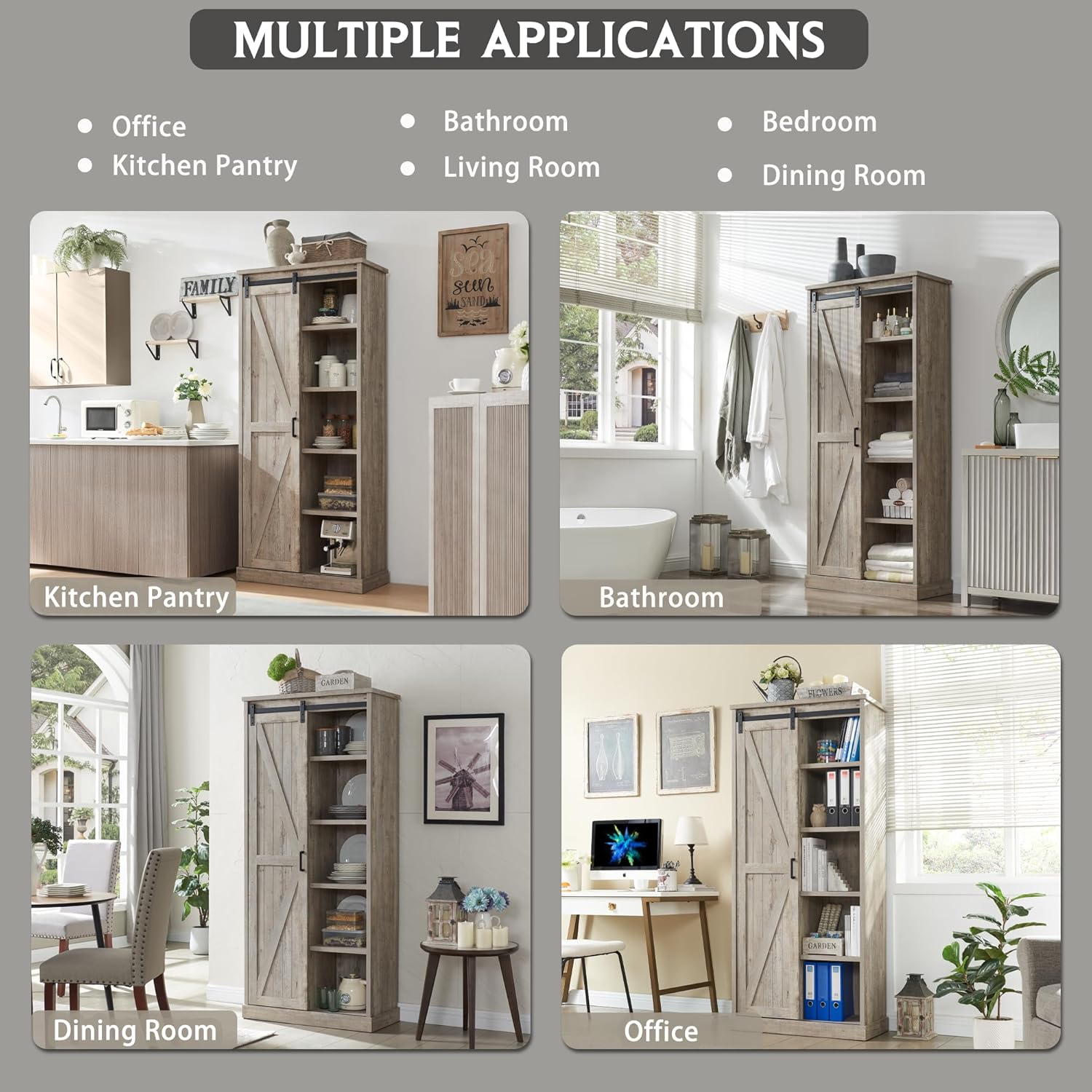 32” Wide Large Modern Wooden Bookcase with Sliding Barn Door, 72” Tall Farmhouse Bookshelf, 5 - tier Display Cabinet with Adjustable Shelves, Storage Cabinet for Living Room, Bedroom - QGeeM