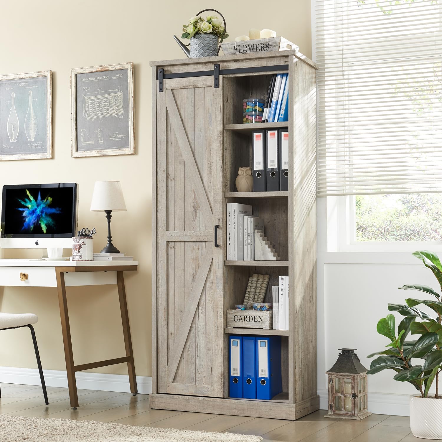 32” Wide Large Modern Wooden Bookcase with Sliding Barn Door, 72” Tall Farmhouse Bookshelf, 5 - tier Display Cabinet with Adjustable Shelves, Storage Cabinet for Living Room, Bedroom - QGeeM