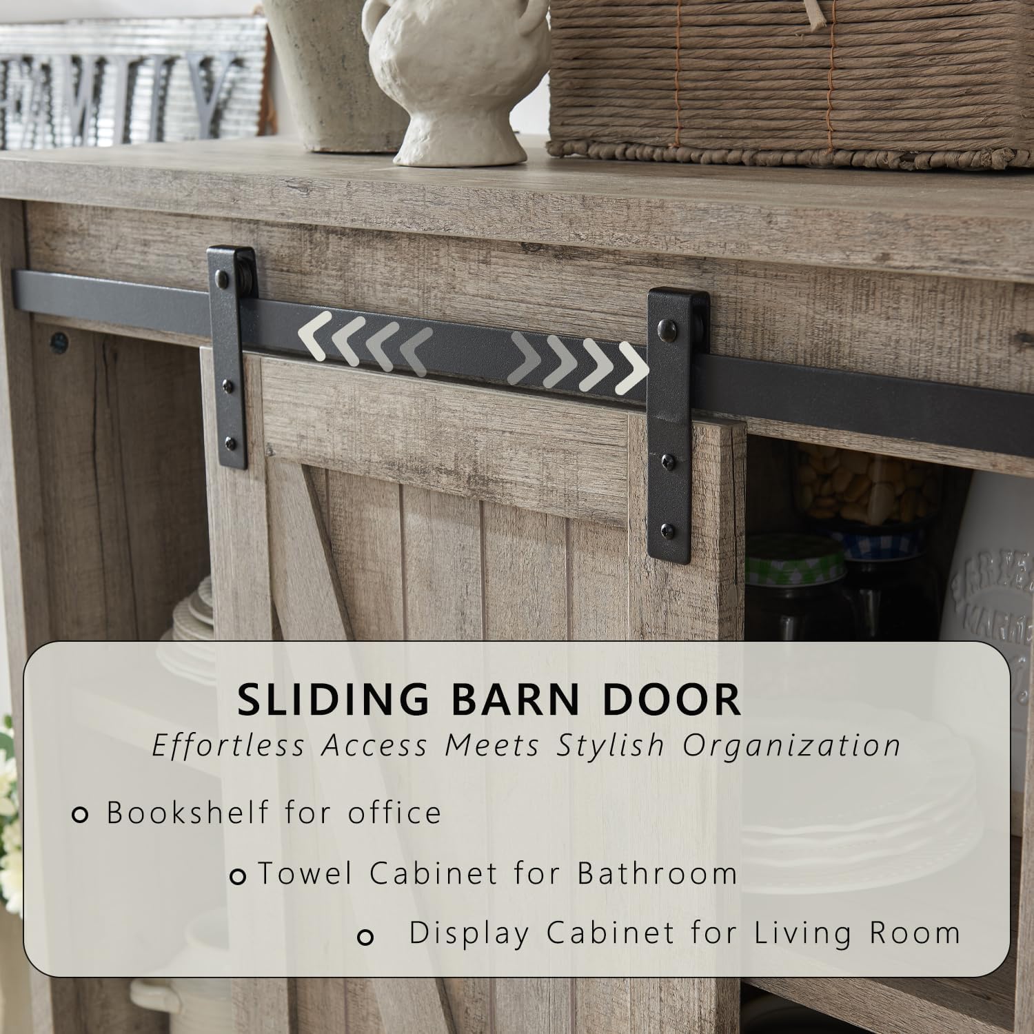 32” Wide Large Modern Wooden Bookcase with Sliding Barn Door, 72” Tall Farmhouse Bookshelf, 5 - tier Display Cabinet with Adjustable Shelves, Storage Cabinet for Living Room, Bedroom - QGeeM