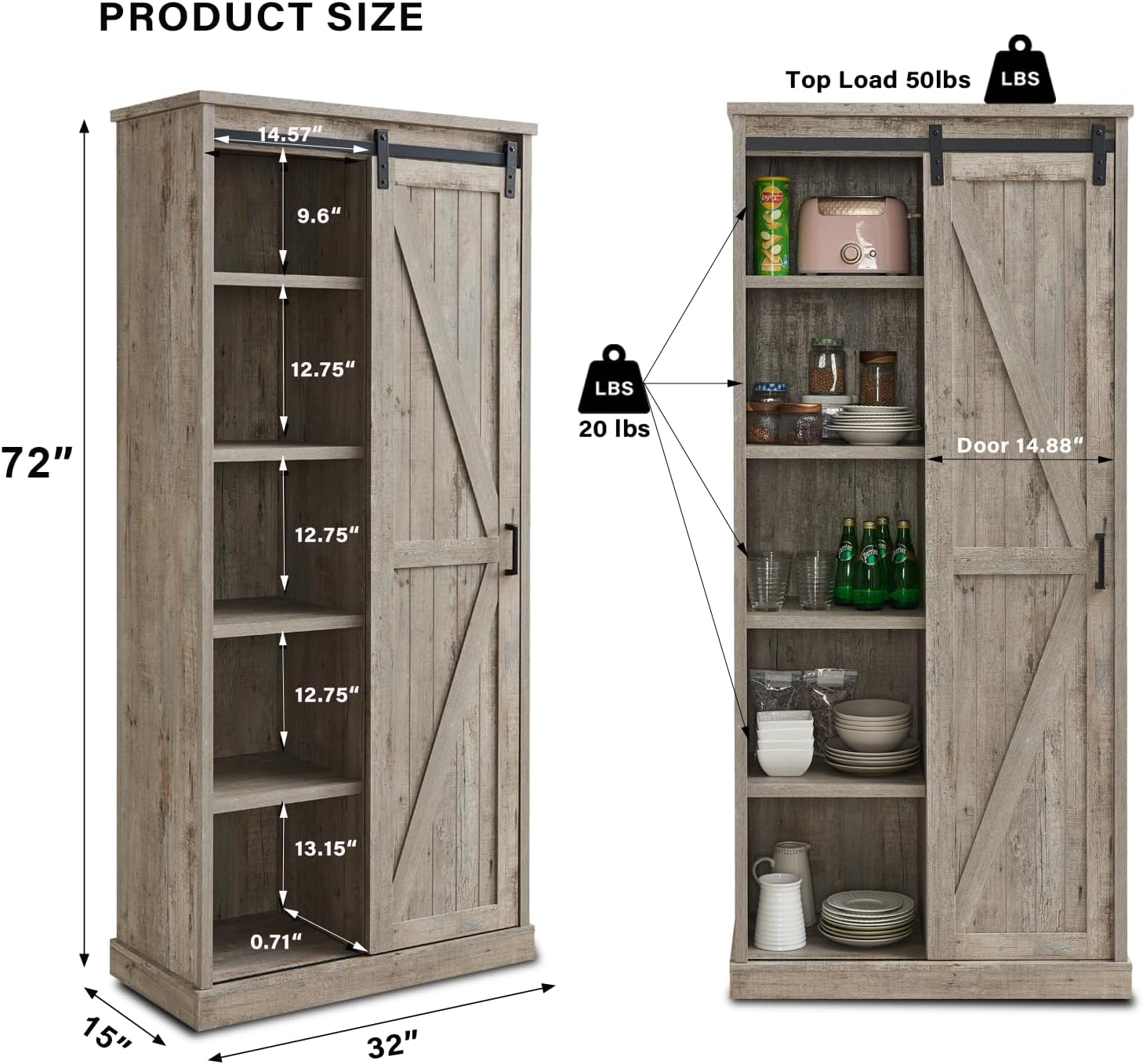 32” Wide Large Modern Wooden Bookcase with Sliding Barn Door, 72” Tall Farmhouse Bookshelf, 5 - tier Display Cabinet with Adjustable Shelves, Storage Cabinet for Living Room, Bedroom - QGeeM