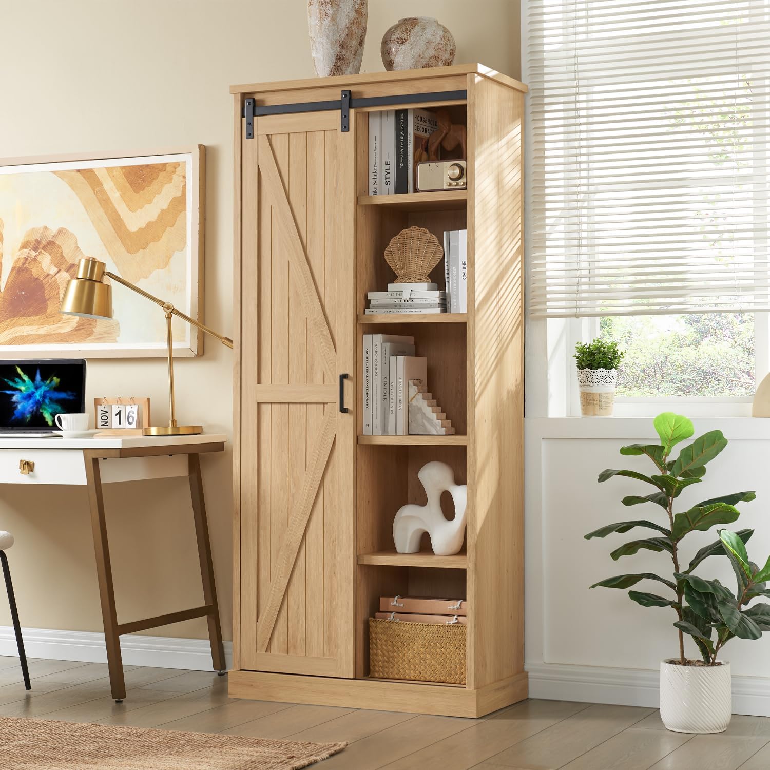 32” Wide Large Modern Wooden Bookcase with Sliding Barn Door, 72” Tall Farmhouse Bookshelf, 5 - tier Display Cabinet with Adjustable Shelves, Storage Cabinet for Living Room, Bedroom - QGeeM