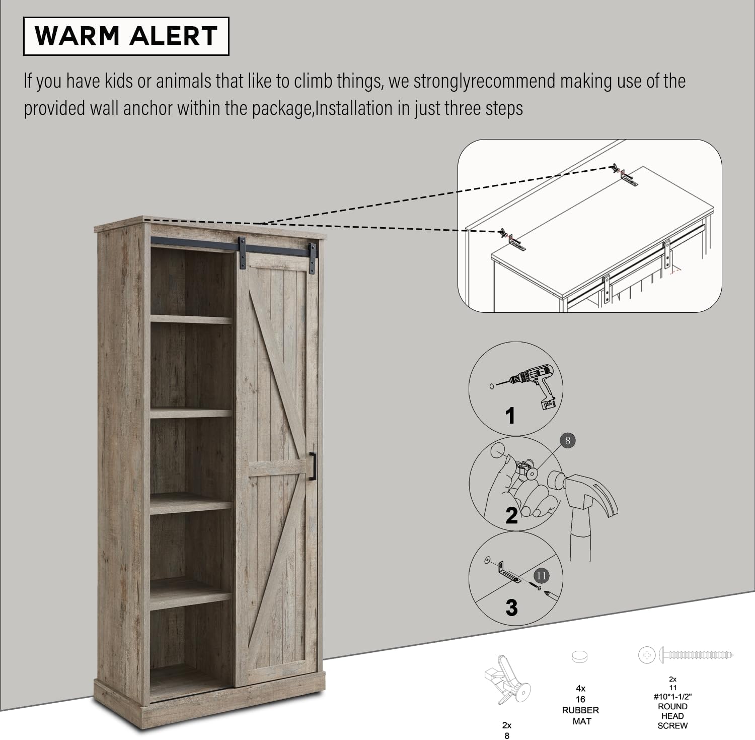 32” Wide Large Modern Wooden Bookcase with Sliding Barn Door, 72” Tall Farmhouse Bookshelf, 5 - tier Display Cabinet with Adjustable Shelves, Storage Cabinet for Living Room, Bedroom - QGeeM