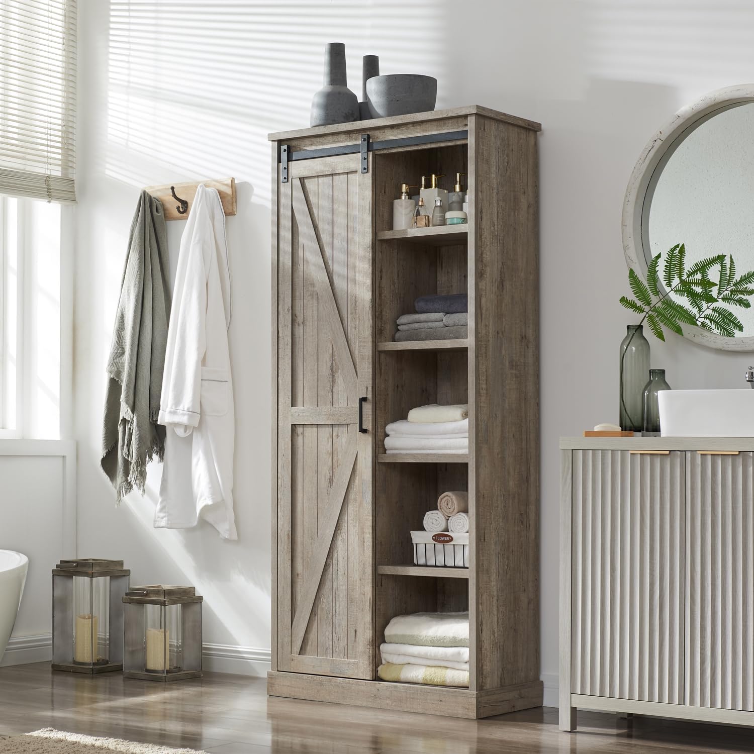 32” Wide Large Modern Wooden Bookcase with Sliding Barn Door, 72” Tall Farmhouse Bookshelf, 5 - tier Display Cabinet with Adjustable Shelves, Storage Cabinet for Living Room, Bedroom - QGeeM