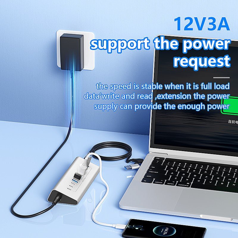 36W 12V 3A Power Supply USB - C Hub to USB 3.0 Converter Adapter USB3.0 5Gbps High Speed Data Transmission Hub for Laptop Macbook - QGeeM