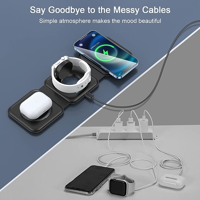 Wireless Charger 3 in 1,RTOPS Magnetic Travel Wireless Charging Station Multiple Devices,GaN 3 in 1 Charging Station,Compatible for iPhone16/15/14/13/12/Pro/Max,iWatch,AirPods 3/2/Pro(Adapter Includes)