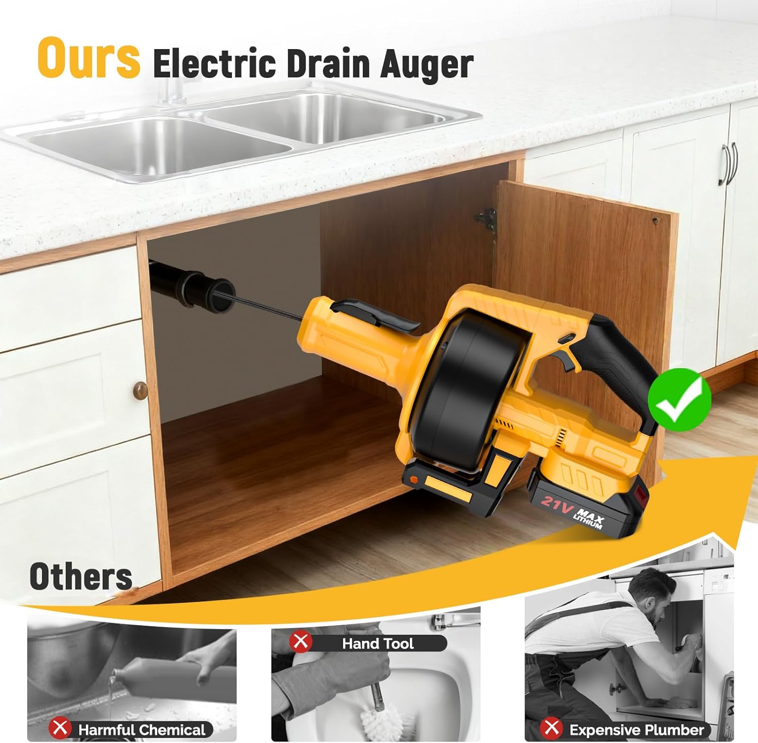 Electric Drain Auger,21V Cordless Drain Snake,25Ft Auto-Feed Snake Drain Hair Removal Tool with 2.0Ah Battery,Sink Snake Drain Cleaner for Sewer,Toilet,Kitchen,Shower 3/4"-2.95" Pipes(Bag&Gloves&Rag)