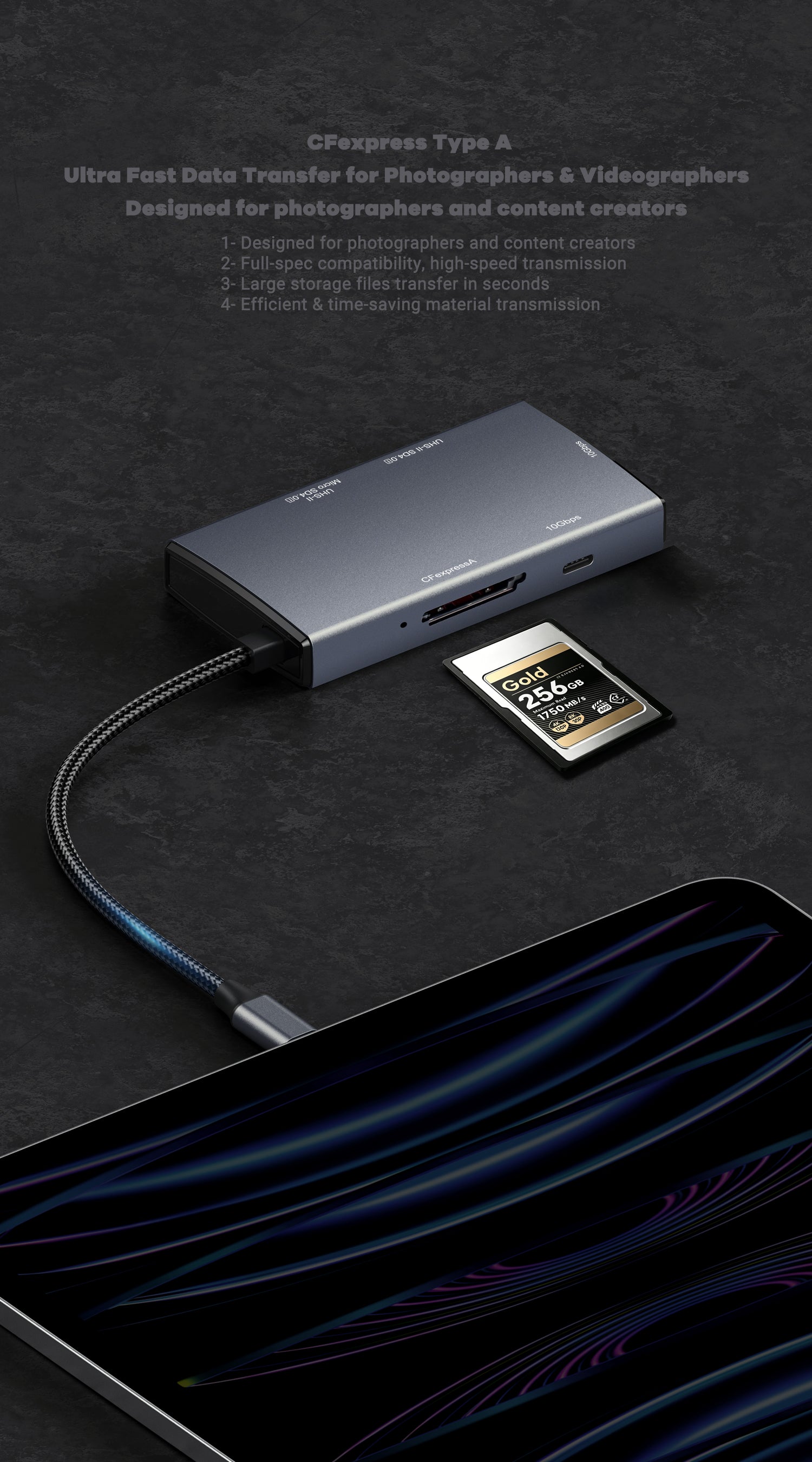 5-N-1 USB C Port High-Speed Data Hub USB 3.2 Gen2 10Gbps CFexpress Type a SD 4.0 MicroSD 4.0 Card Reader Compatible with Windows/Mac/Linux/Android