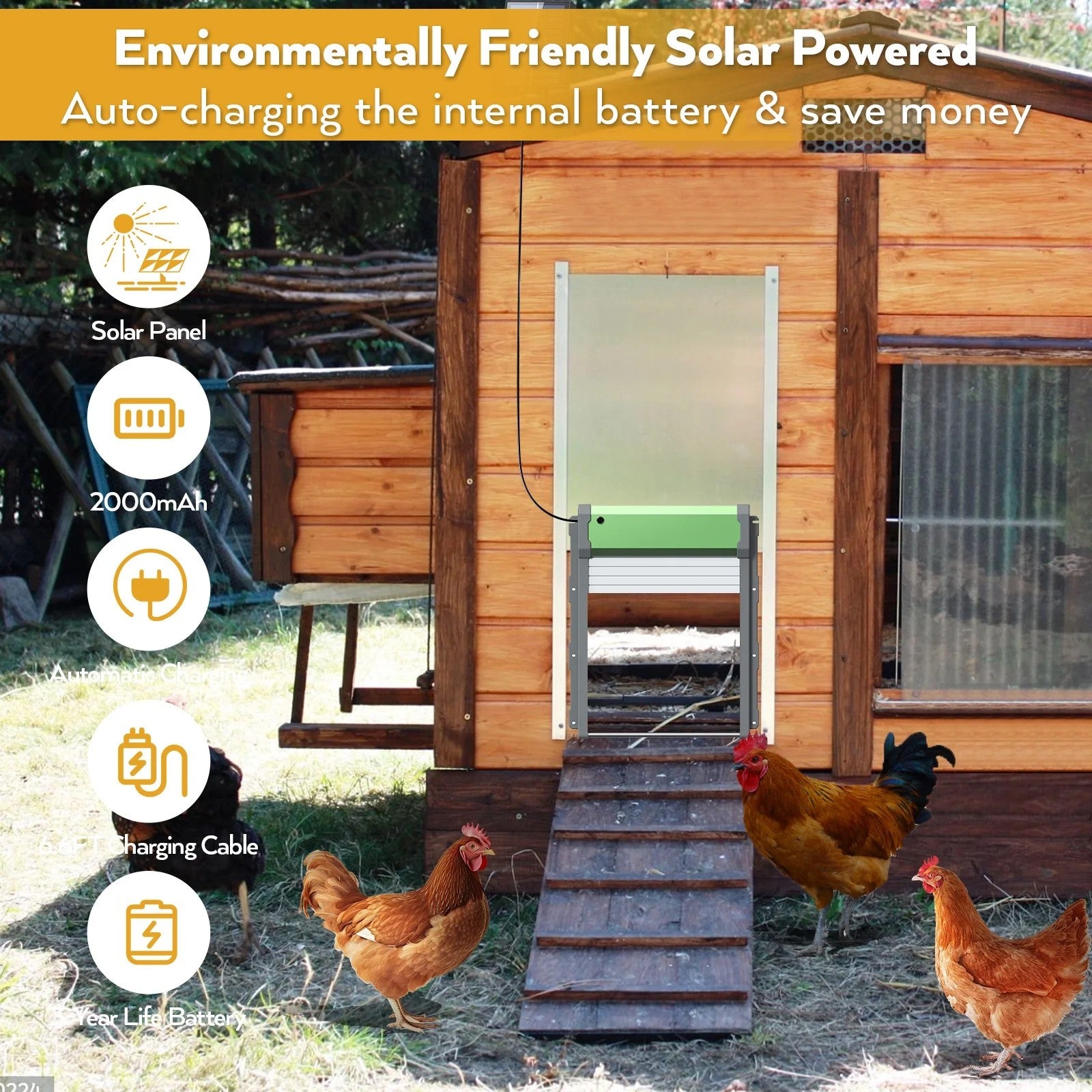 Automatic Chicken Coop Door Solar Powered, 4 Modes Battery Powered Auto Chicken Door with Timer & Light Sensor, Remote Control, Aluminum Roller Shutter Door Look, Anti-Pinch Design