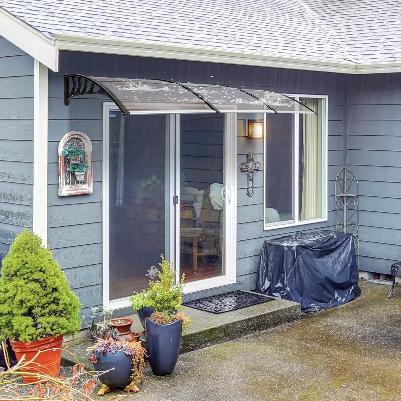 120x38'' Window Door Awnings, Aluminum Alloy Large Sink Spliced Canopy with Black Bracket, SPF 50+ UV-Protective, Overhang Awning for Sun Shutter, UV, Rain, Snow Protection, Brown