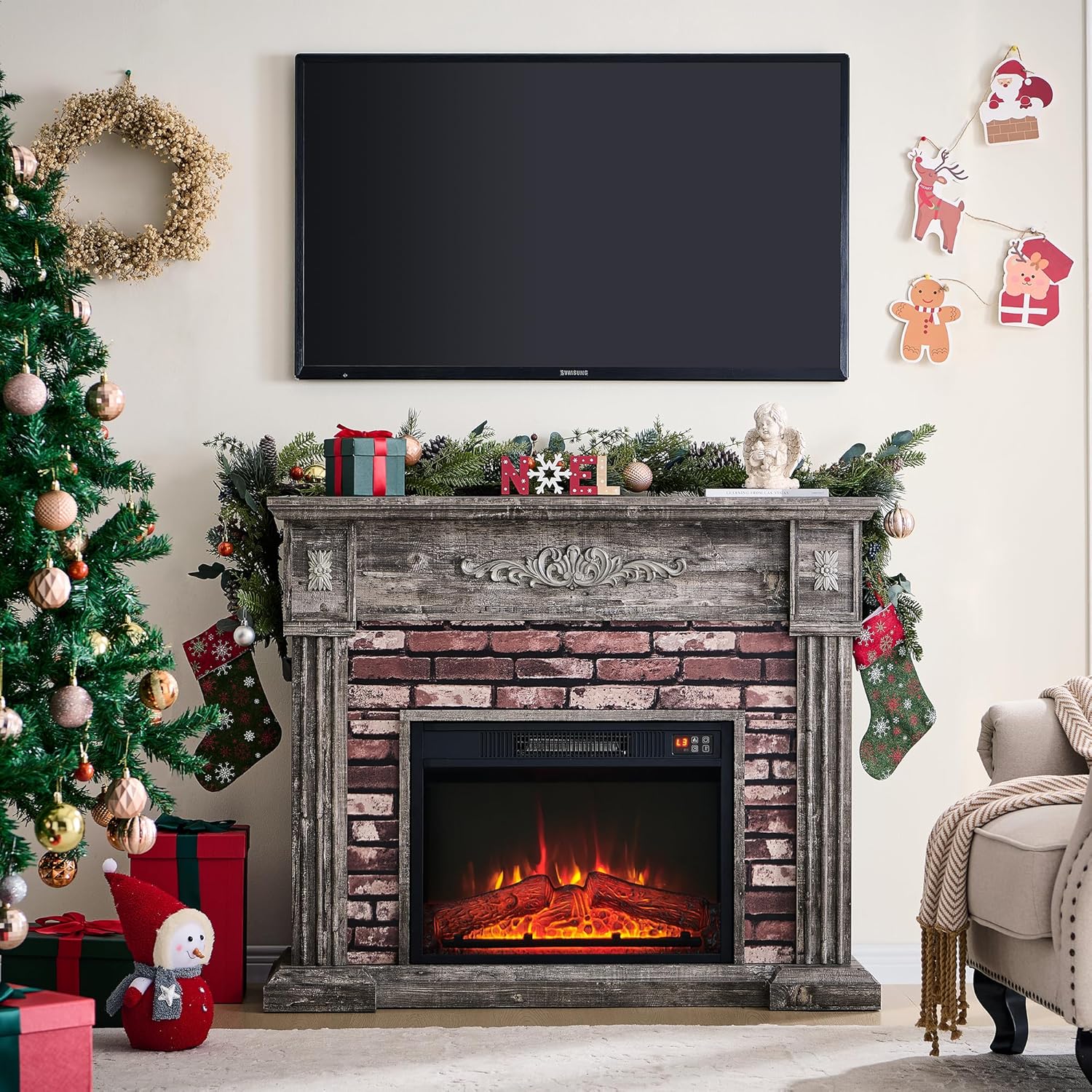 43" Electric Fireplace with Mantel, Electric Fireplace Heater, TV Stand w/Freestanding Electric Fireplace, Stacked Stone Surround, Remote Control, Adjustable Flame Level for Living Room - QGeeM