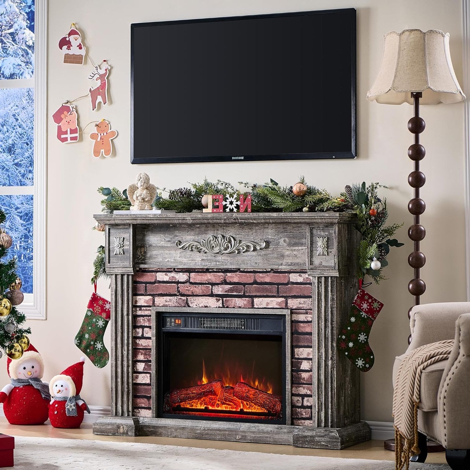 43" Electric Fireplace with Mantel, Electric Fireplace Heater, TV Stand w/Freestanding Electric Fireplace, Stacked Stone Surround, Remote Control, Adjustable Flame Level for Living Room - QGeeM