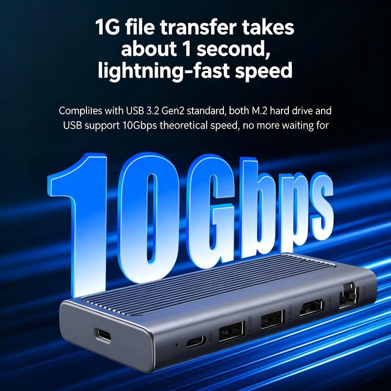 5-In-1 USB-C Hub Docking Station with USB3.2*2(10Gbps) / PD100W / 4K@60HZ /1000M RJ45 Ethernet / M.2 NVMe&SATA SSD Case Multi-ports Splitter Adapter for Tablet Laptop Phone-UH05-0003