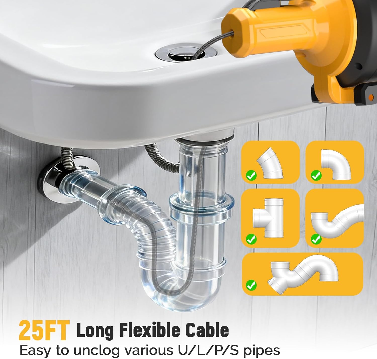 Electric Drain Auger,21V Cordless Drain Snake,25Ft Auto-Feed Snake Drain Hair Removal Tool with 2.0Ah Battery,Sink Snake Drain Cleaner for Sewer,Toilet,Kitchen,Shower 3/4"-2.95" Pipes(Bag&Gloves&Rag)