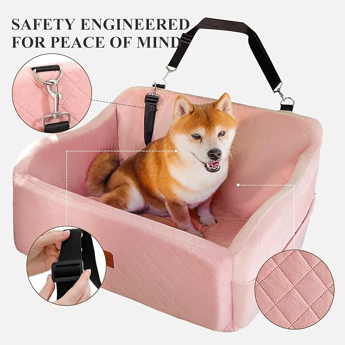 Dog Car Seat for Medium/Large Dogs,2 Clip-On Safety Leashs for 2 Small Dogs,Removable and Washable Comfy Pet Car Seat,Easy to Install and Clean (Pink, Large)