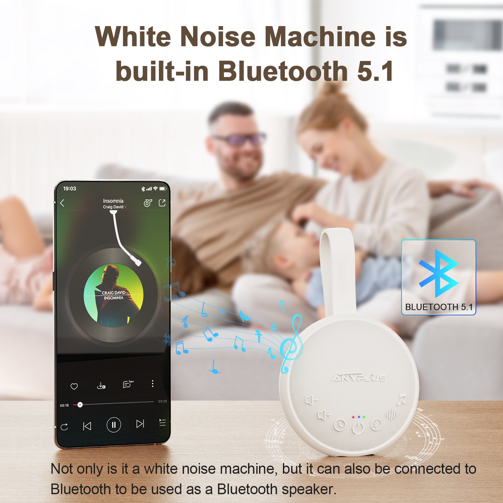 White Noise Sound Machine for Sleeping Adults & Baby, Portable Noise Machine with 24 Soothing Sounds, Bluetooth 5.1, Battery Powered, 3 Timer Settings, Memory Function for Home, Office, Travel