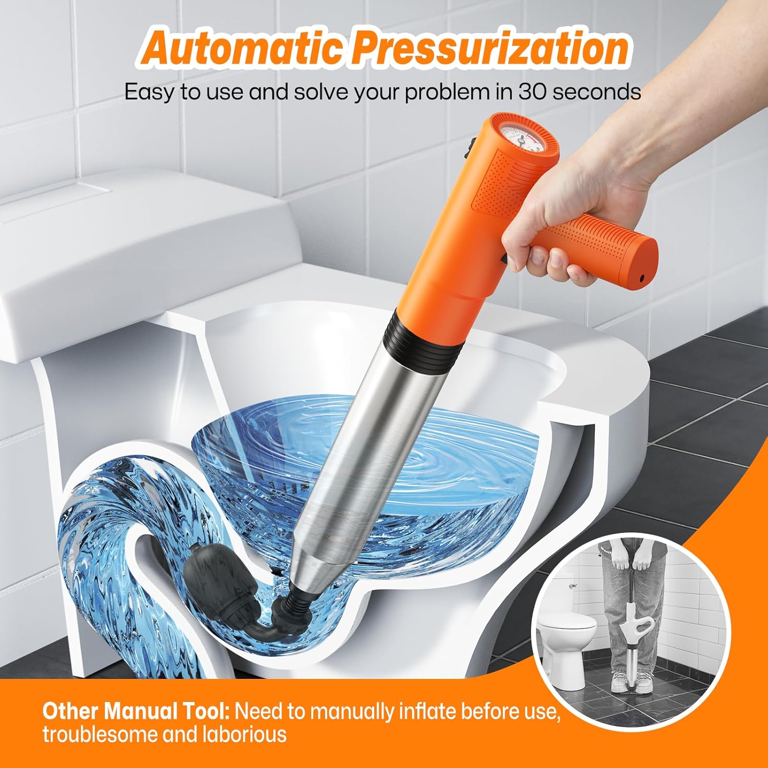 Electric Toilet Plungers for Bathroom,4 in 1 Toilet Unclogger,Auto-inflation Toilet Plunger Clog Remover Get Instant Result,High Pressure Toilet Plunger Heavy Duty for Washbasin,Sinks,Drain-White