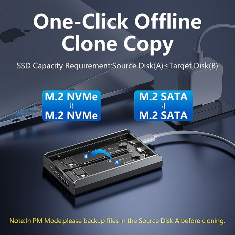 Dual-Slot M.2 NVMe/SATA RAID Enclosure – 20Gbps Portable SSD Box with Offline Copy, Aluminum Alloy Housing, Supports 16TB Storage (2230/2242/2260/2280)-【ST31-001(DB280A3)】