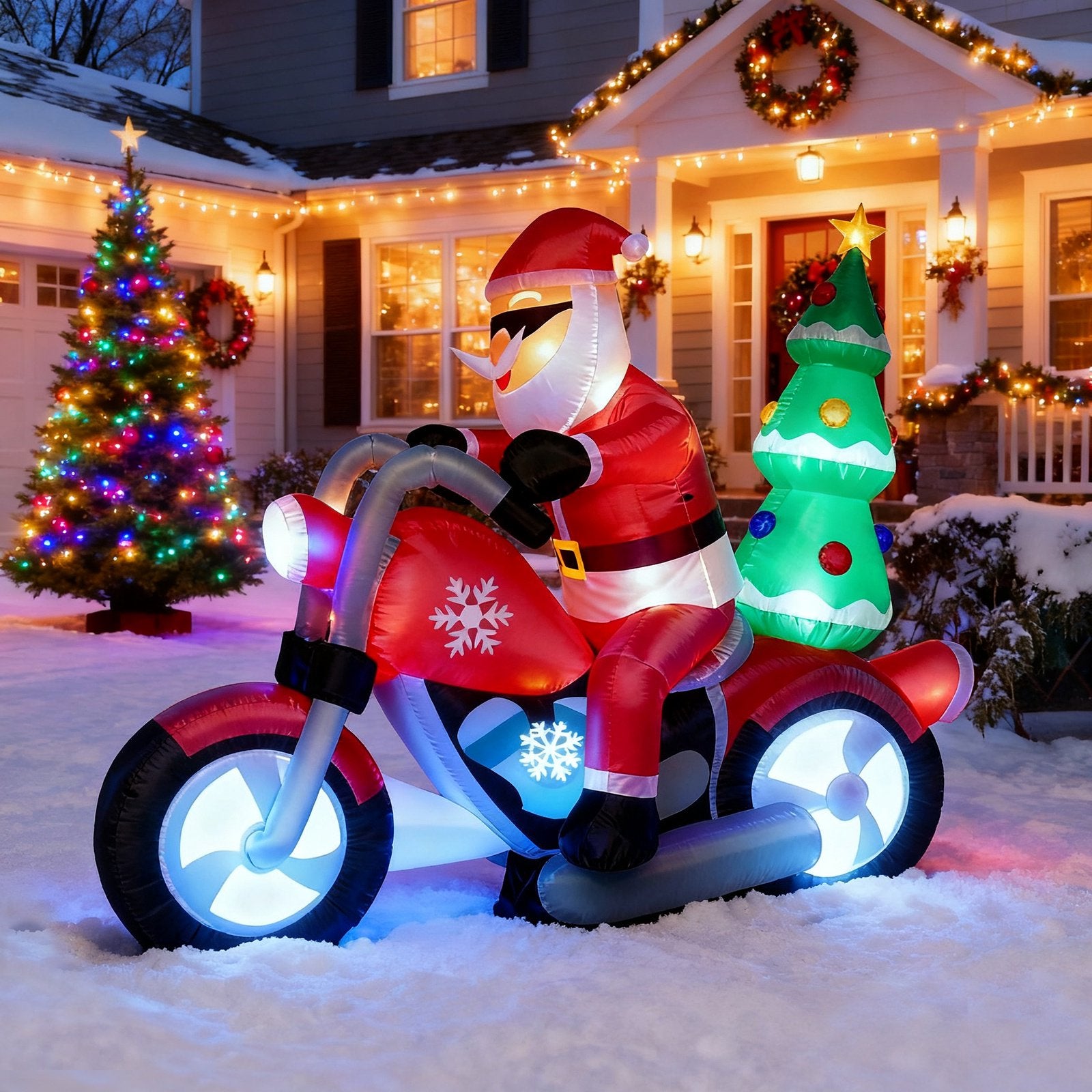 7.55 FT Long Christmas Inflatables Santa Claus Riding a Motorcycle with Tree, Outdoor Blow Up Santa Christmas Inflatables with 7 Bright White LED Lights, Indoor Outdoor Yard Lawn Party Décor