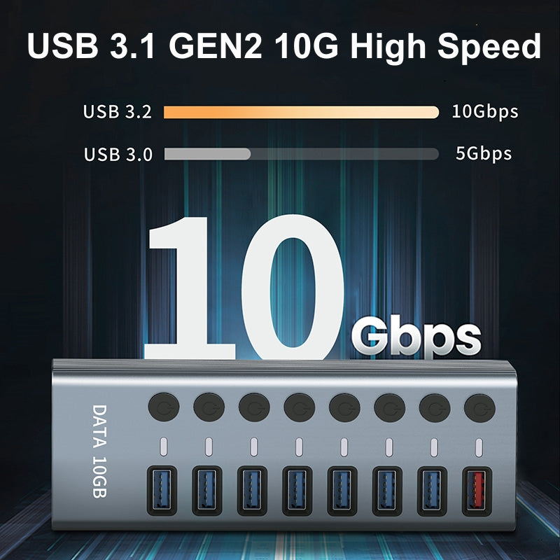USB 3.2 Gen 1 Hub, 7 Ports + 1 x Quick Charging Port, On/Off Switch, Aluminium
