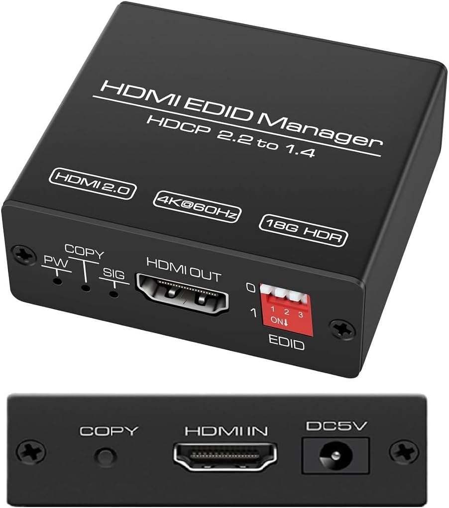 4K 60Hz HDMI 2.0 EDID Manager Emulator Copier ,8 Preset EDID Modes, 18Gbps HDR HDCP 2.2 to 1.4 Compatibility Fix for Laptop TV Projector-EX58-A-0-BK-V1-S1