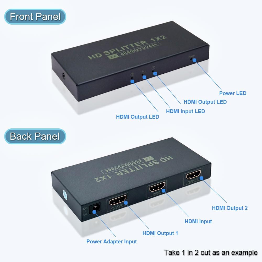 HD Splitter 1 in 2(1x4,1x8) Out,up to 4K @ 60Hz 4:4:4 HDMI Splitter,Multi Resolution Output,HDMI 2.0& HDCP 2.2,EDID Control,3D CEC Support,18 Gbps, Easy Plug and Play-EX52-A-0-BK(XHV102)
