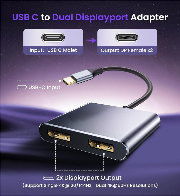 USB C to Dual DisplayPort(DP) Adapter, 4K@144Hz(8K@30Hz) Type-C to DP Splitter for Dual Monitors Extend Display FOR Mac- Book/Mac- Book Pro, Samsung, Dell, HP, Lenovo,Surface Type C Laptop(UH02-23-A-0.12-SY-V1-S1)