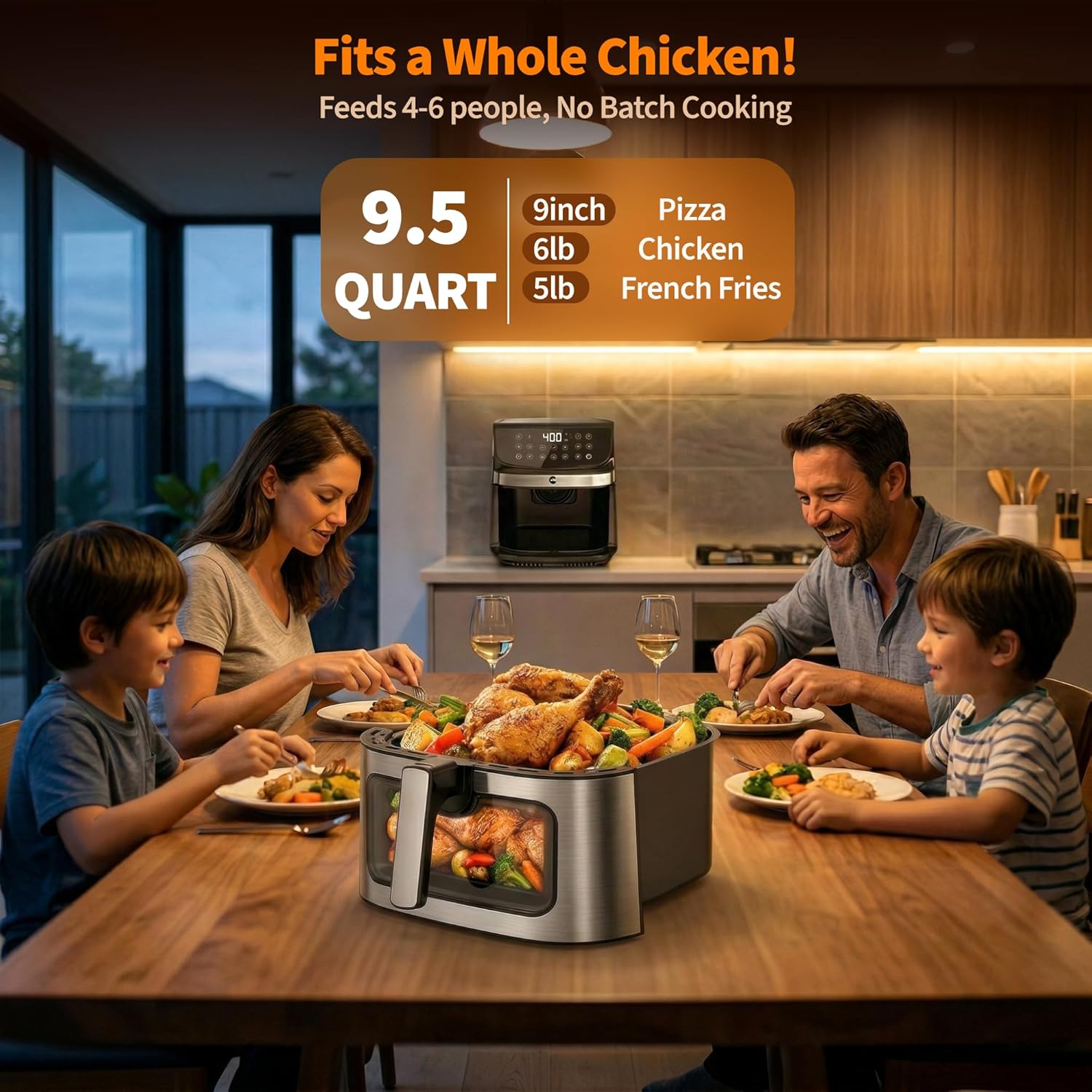 9.5Qt Large Air Fryer Oven, 12 Digital Preset Airfryer Toaster Oven Combo with Touchscreen, Non Toxic Stainless Steel Air Fryer with Viewing Window, XL Capacity Basket Style Airfryer for Family, Black