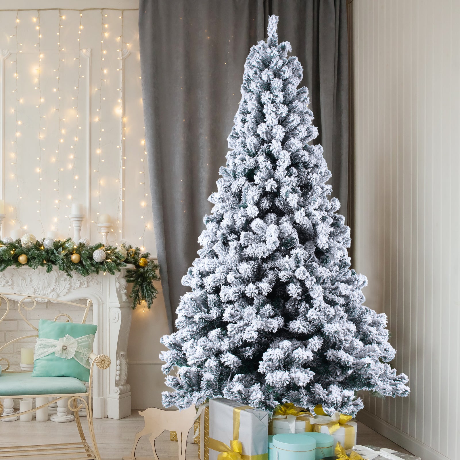 6FT Artificial Snow Flocked Christmas Tree - Pre-Lit with 8 Lighting Modes & 928 Realistic Branches | Easy Setup | Holiday Decor | Stand Included