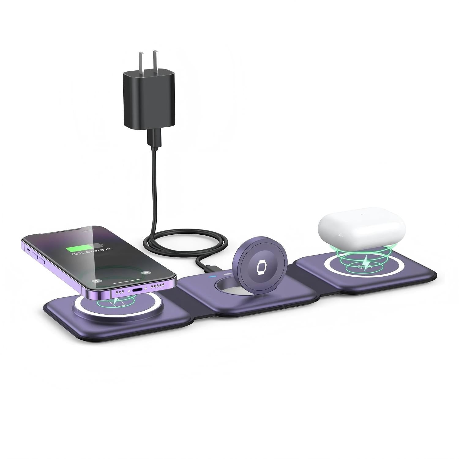 Wireless Charger 3 in 1,RTOPS Magnetic Travel Wireless Charging Station Multiple Devices,GaN 3 in 1 Charging Station,Compatible for iPhone16/15/14/13/12/Pro/Max,iWatch,AirPods 3/2/Pro(Adapter Includes)
