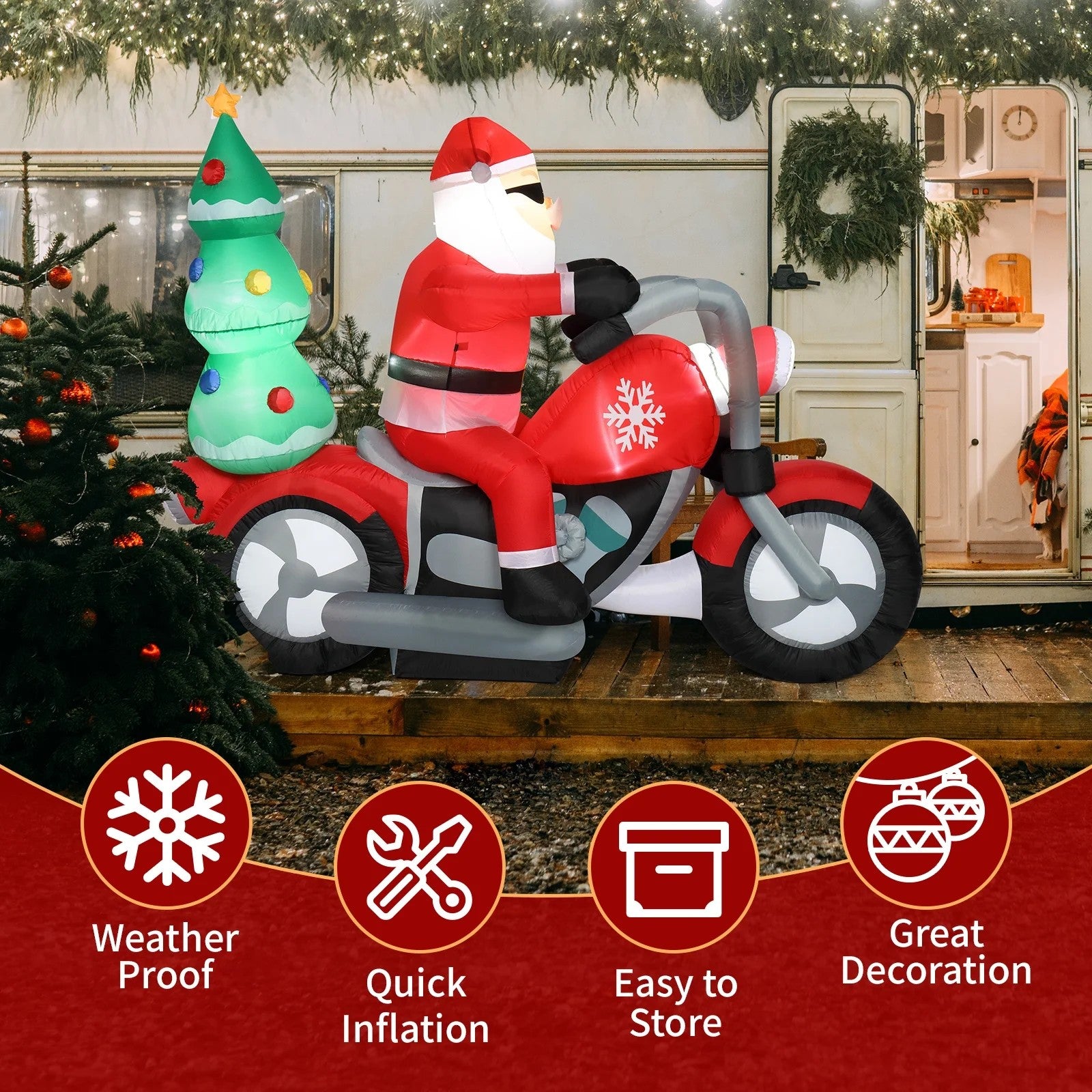 7.55 FT Long Christmas Inflatables Santa Claus Riding a Motorcycle with Tree, Outdoor Blow Up Santa Christmas Inflatables with 7 Bright White LED Lights, Indoor Outdoor Yard Lawn Party Décor