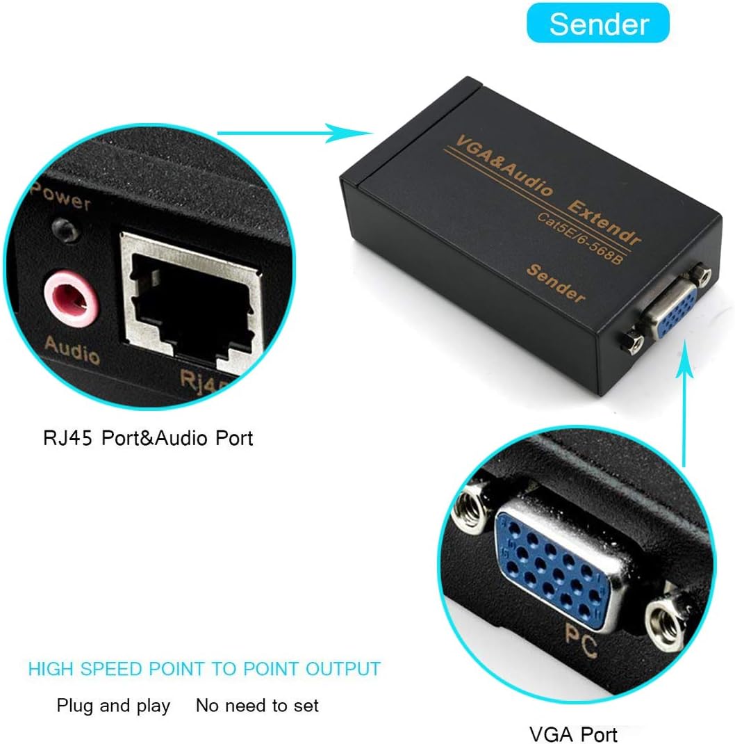 VGA Extender Over Cat 6 up to 328ft / 100M VGA Extension Adapter Over RJ45 Ethernet Cable (1 Transmitter + 1 Receiver)--EX04-A-100-BK