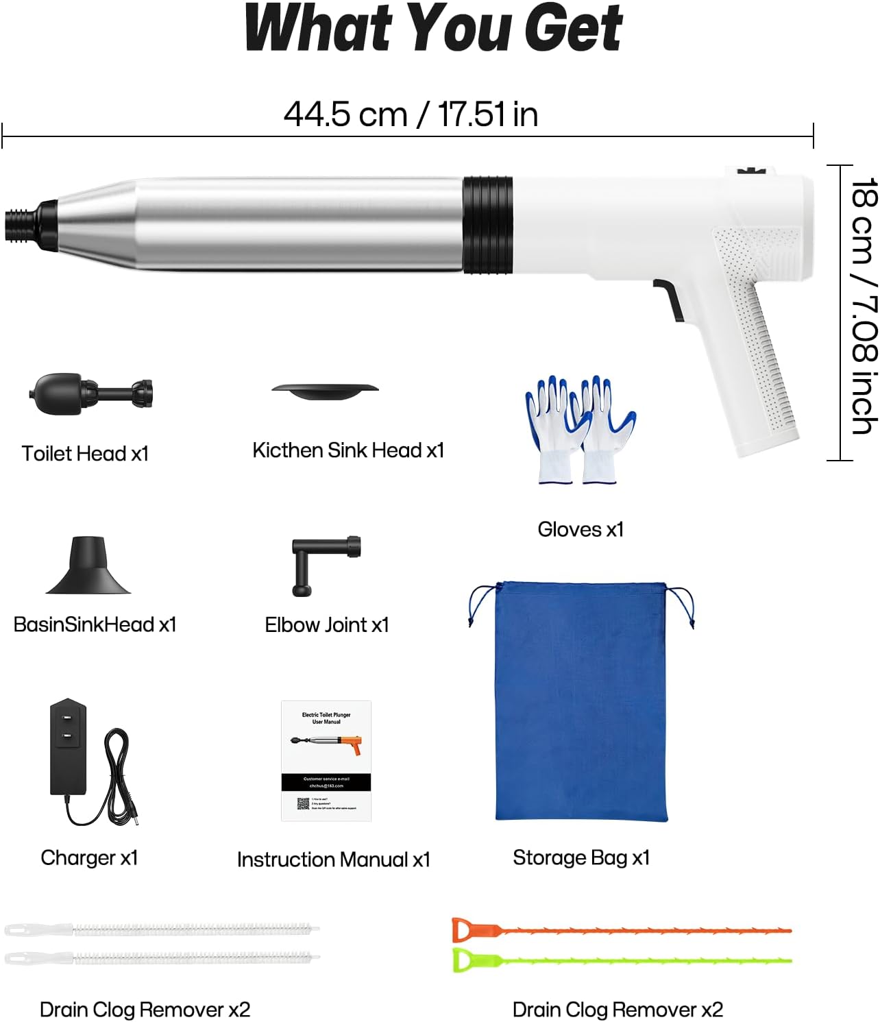 Electric Toilet Plungers for Bathroom,4 in 1 Toilet Unclogger,Auto-inflation Toilet Plunger Clog Remover Get Instant Result,High Pressure Toilet Plunger Heavy Duty for Washbasin,Sinks,Drain-White