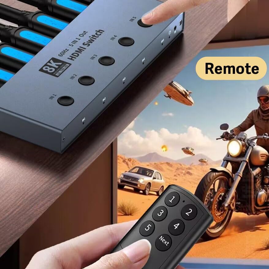 8K60Hz HDMI Switch 5 in 1 Out, Support 8K@60Hz 4K@120Hz 1080P @240Hz, HDR10, VRR, HDCP 2.3, Dolby Atmos, DTS X, CEC, Compatible with PS5/4, Xbox, Nintendo Switch, Roku, Apple TV-EX42-A-0-BK