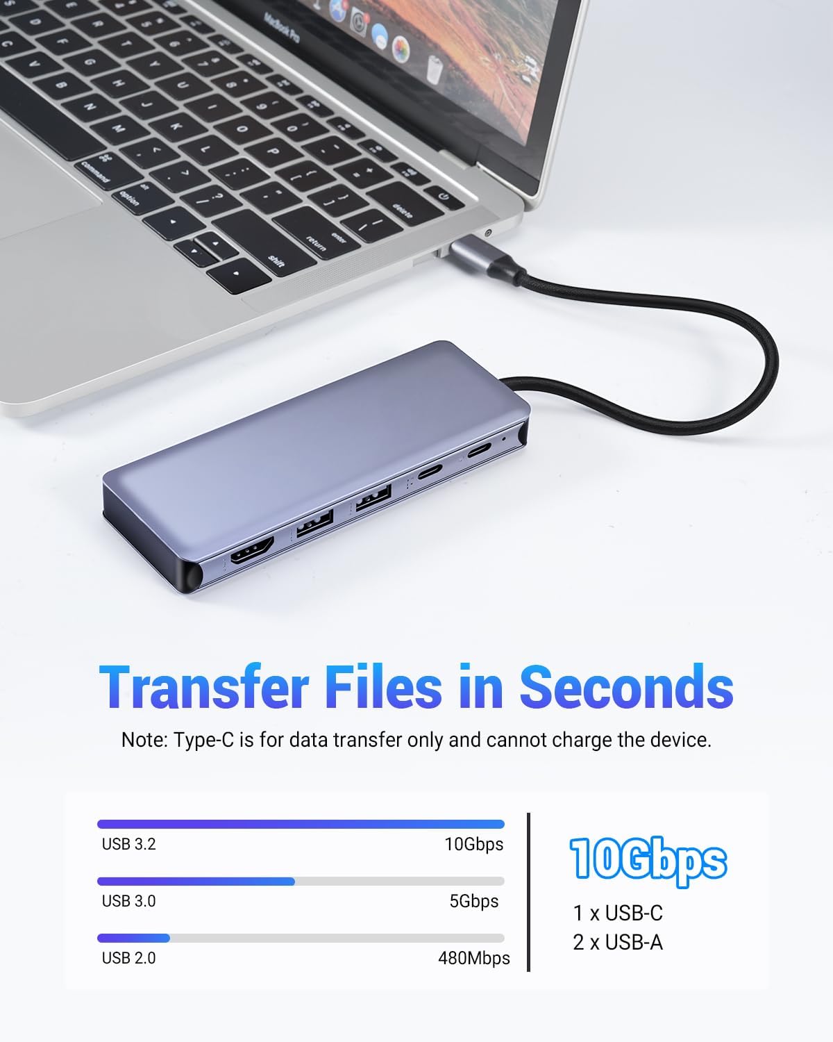 6 in 1 type-C Hub with M.2 NVMe SSD Enclosure, USB 3.2 10Gbps Ports, PD 100W , 4K@60Hz HDMI, High Speed USB NVMe Adapter, M.2 SSD Enclosure, Adapter for MacBook Pro/Air, Dell XPS-UH06-003