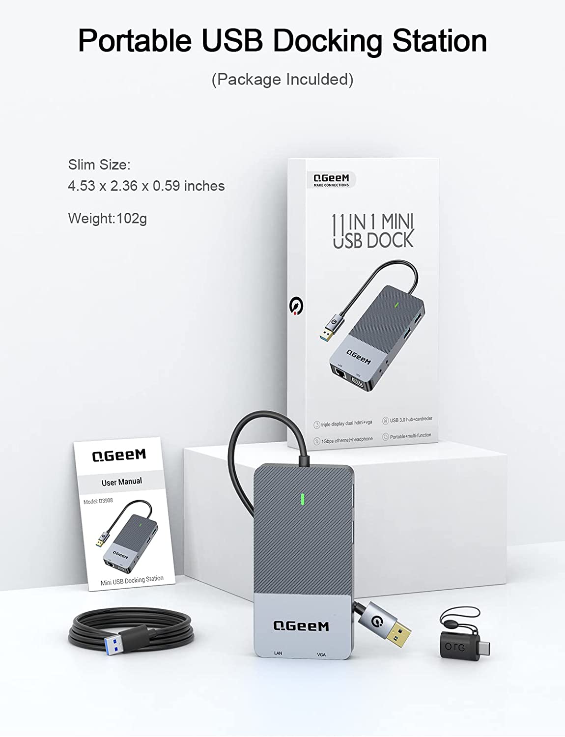 QGeeM 11-in-1 USB C/3.0 Hub with VGA,USB C Laptop Docking Station Compatible with MacBook M1 Dell HP Lenovo-D3908