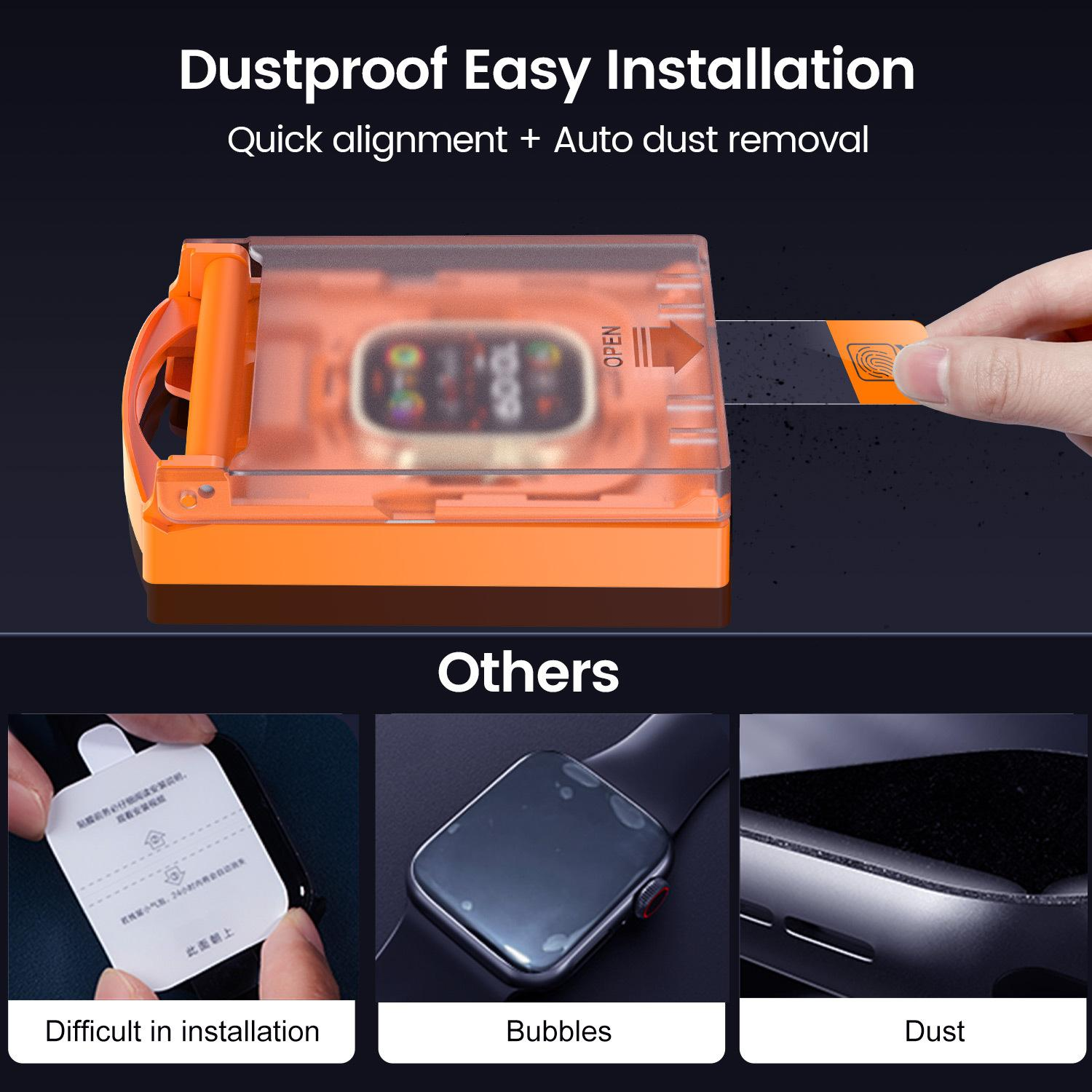 Suitable for Apple Watch Series 6 / 5 / 4 / SE 44mm 2-piece package. Dust-proof and dust-proof protective film kit with anti-drop and anti-dirt feature. Screen-printed tempered film (transparent + black border)