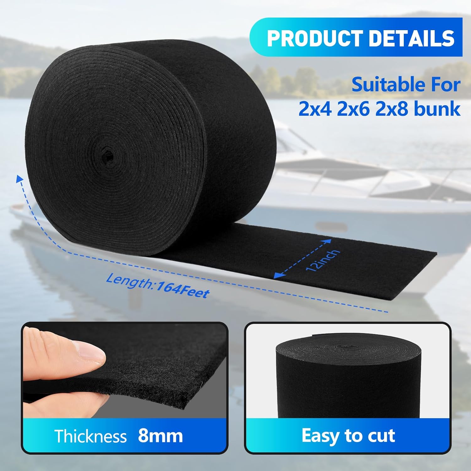 Boat Trailer Bunk Carpet, 8mm Waterproof Trailer Boat Bunk Carpet Replacement for Bunk Boards, Boat Lift & Runners, Durable Black Marine Carpet Roll,12" x164ft DIY Easy Installation